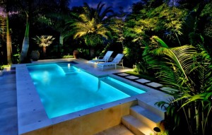 Backyard-with-an-illuminated-pool-and-tropical-foliage