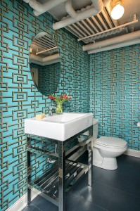 Industrial-powder-room-with-trendy-wallpapered-backdrop