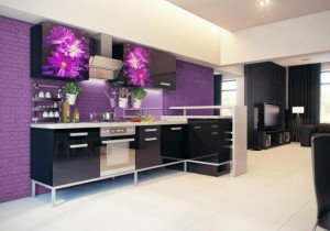 Wonderful-dream-kitchen-design-with-floral-wallpaper-black-cabinet-as-well-purple-stone-wall-kitchen-also-black-glossy-backsplash-and-white-tile-floor-634x443