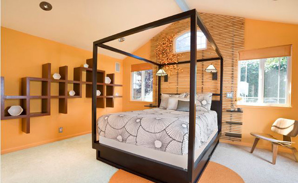 спалня в оранжево и кафяво