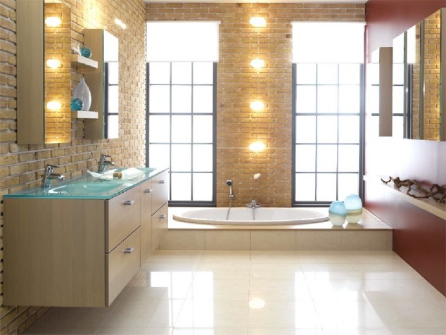 модерен дизайн на баня с тухлени стени
