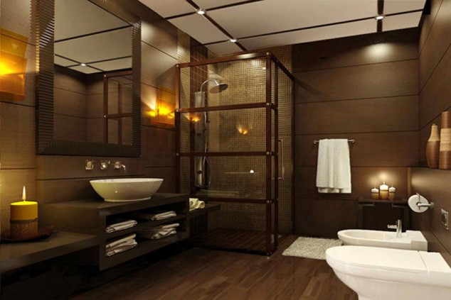модерна баня с душ кабина и азиатски стил