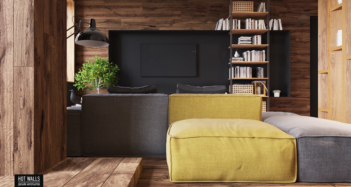 black-wall-tv-mounted-industrial-book-shelf