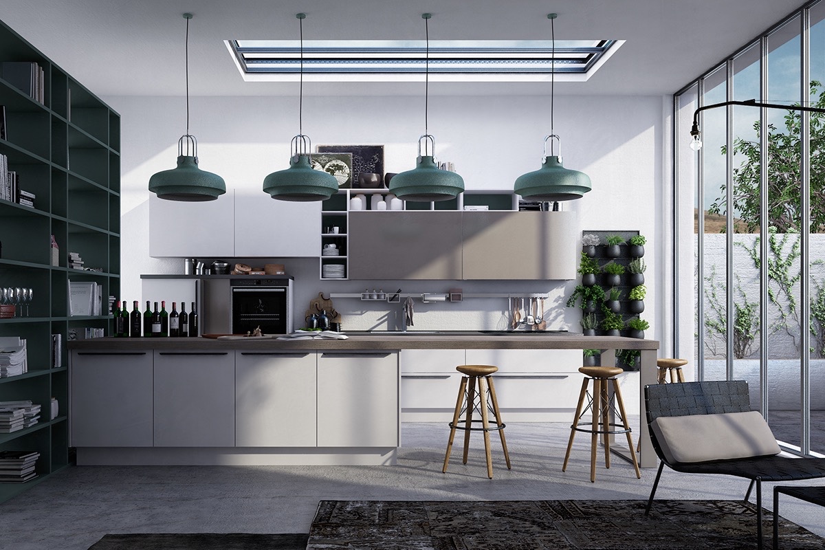 teal-and-grey-kitchen-teal-hanging-lights