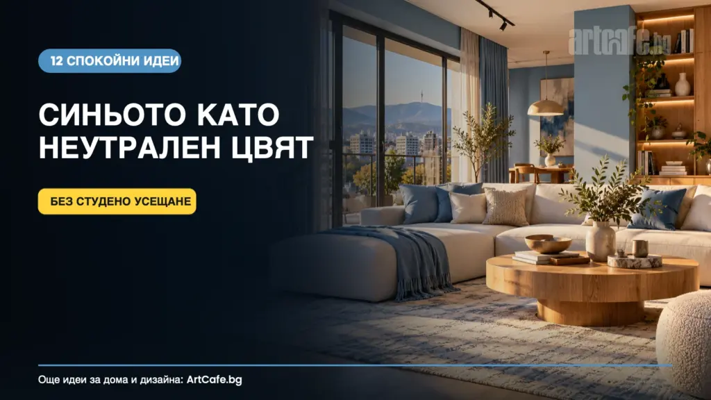 Всекидневна със син интериор, топло дърво и естествена светлина