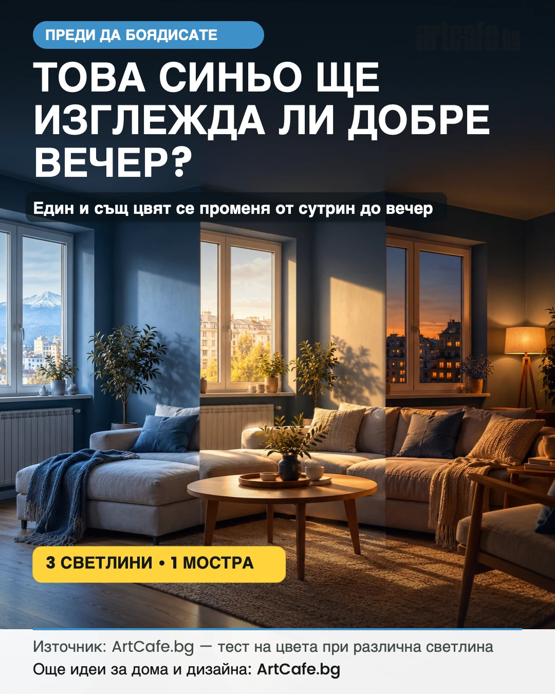 Графика за проверка на синя боя при северна, южна и вечерна светлина