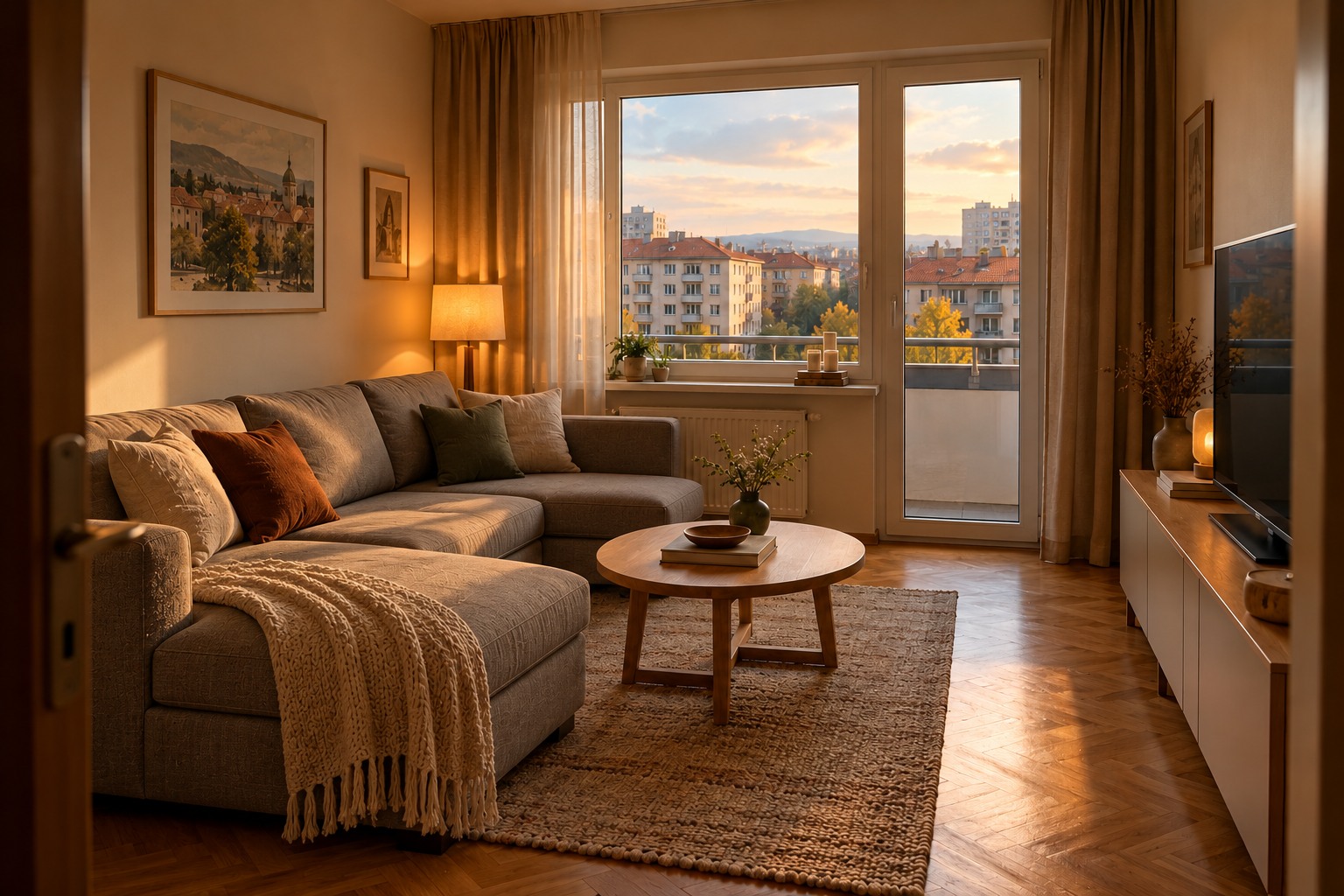 Ъглов сив диван в същата компактна дневна