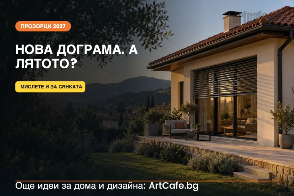 Българска къща с голям прозорец и външна слънцезащита