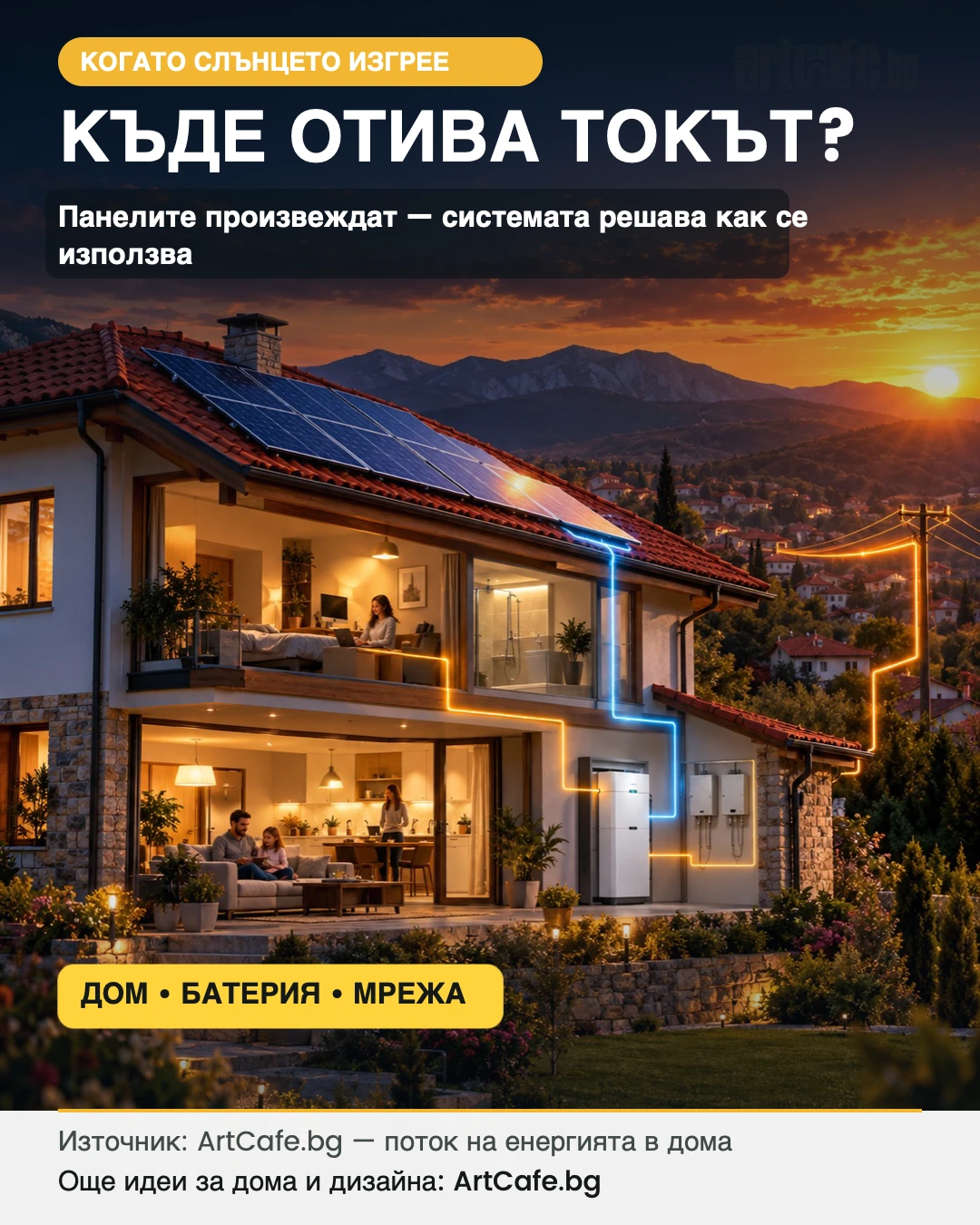 Схема на потока на електроенергията от панелите към дома, батерията и мрежата